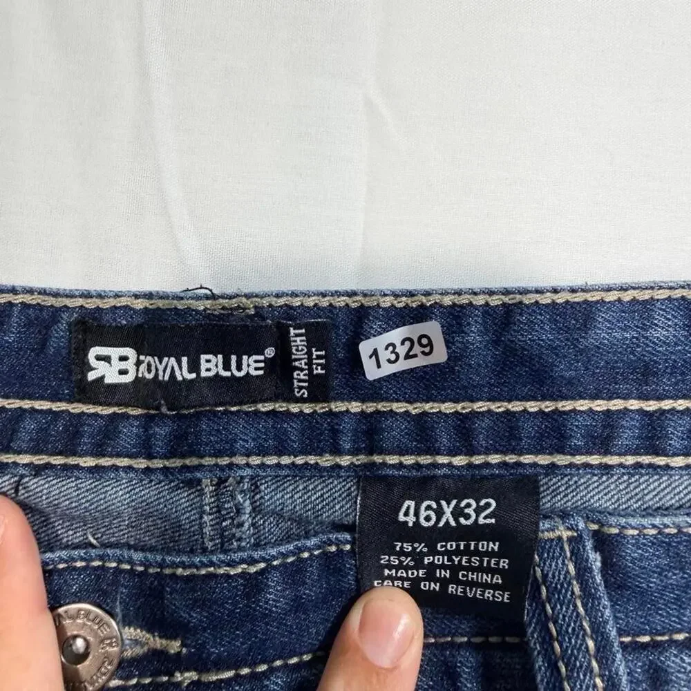 Royal Blue Jeans Mens 46x32 Eagle Embroidered Pockets Straight Fit Y2K Hip Hop